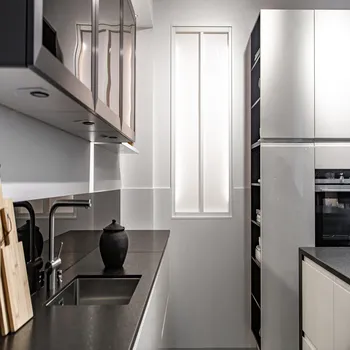 Kitchen interior in a minimalistic design and style with steel metal elements.