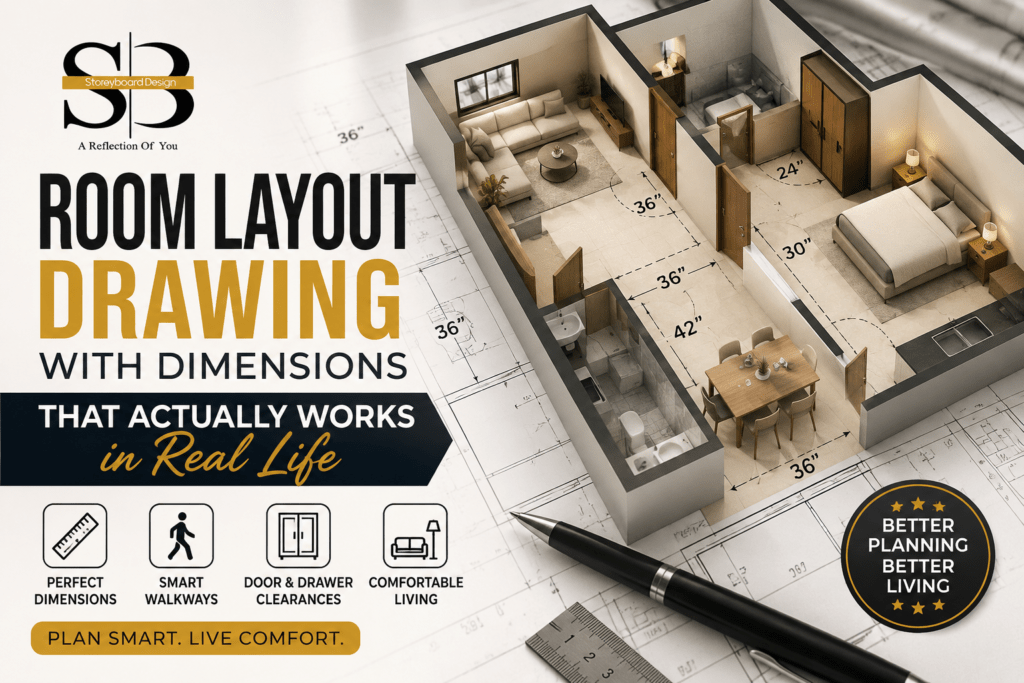 room layout drawing with furniture dimensions and clearance